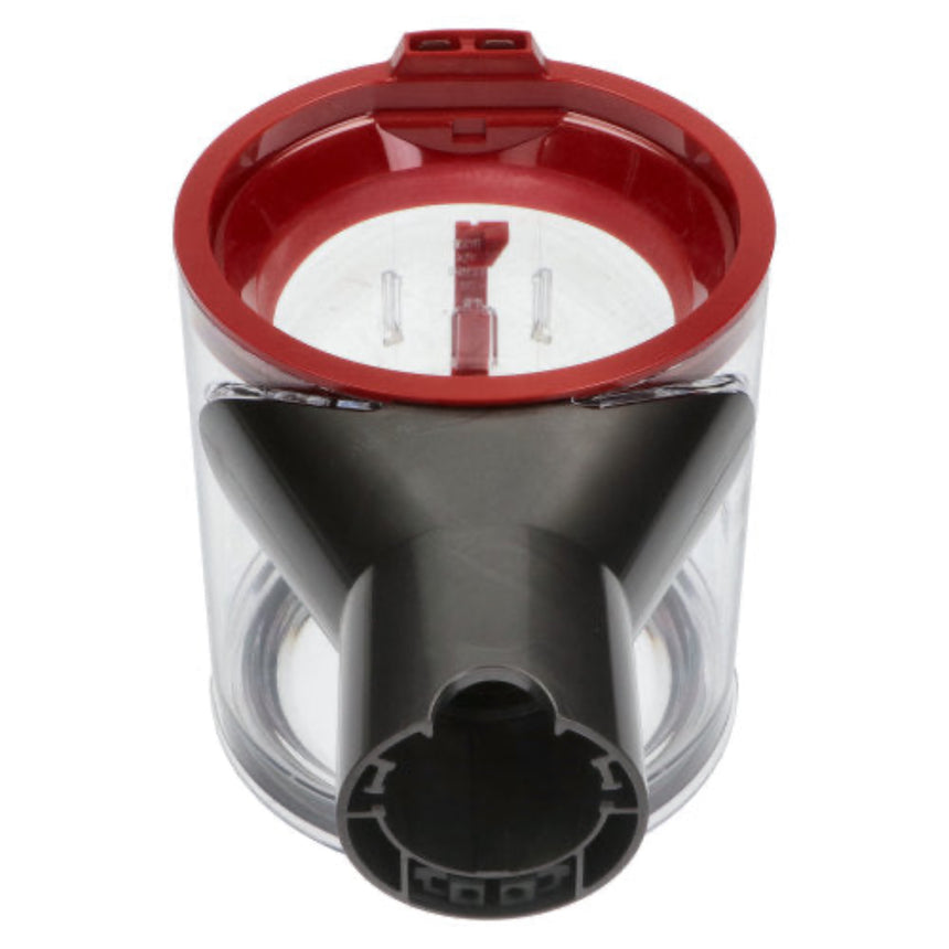 A replacement dustbin container for a vacuum cleaner, featuring a clear plastic body, a black funnel-shaped attachment, and a red lid with a latch mechanism, shown on a white background.