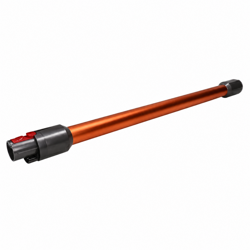 An orange and black vacuum cleaner attachment wand with a red switch on the end, shown on a plain white background.