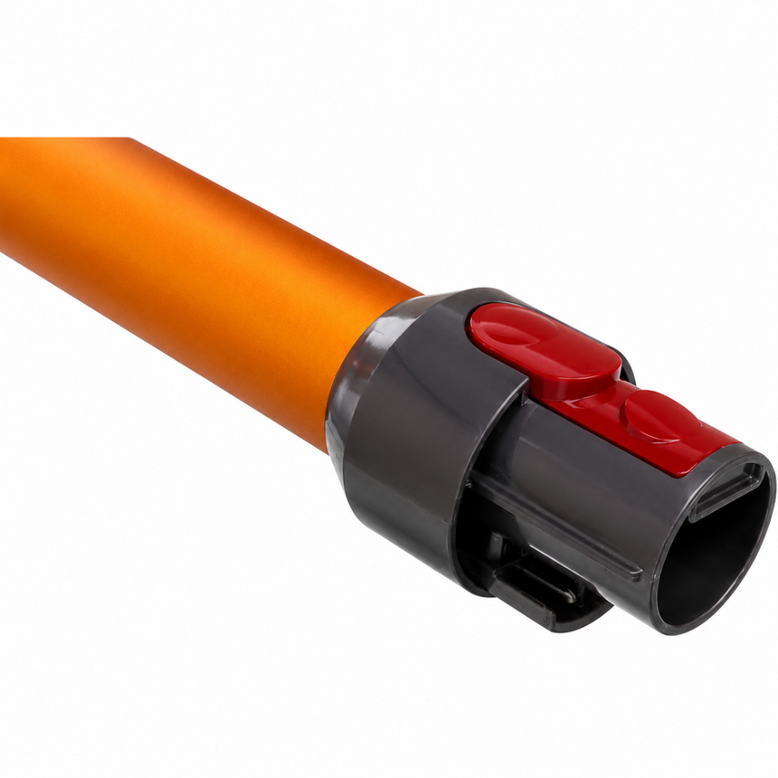 Close-up of an orange cylindrical tube connected to a black plastic clamp with a red release button, shown on a plain white background.