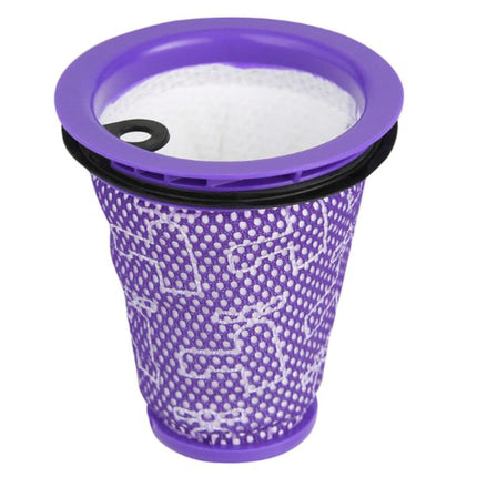 Purple and white patterned filter with black rim on a white background