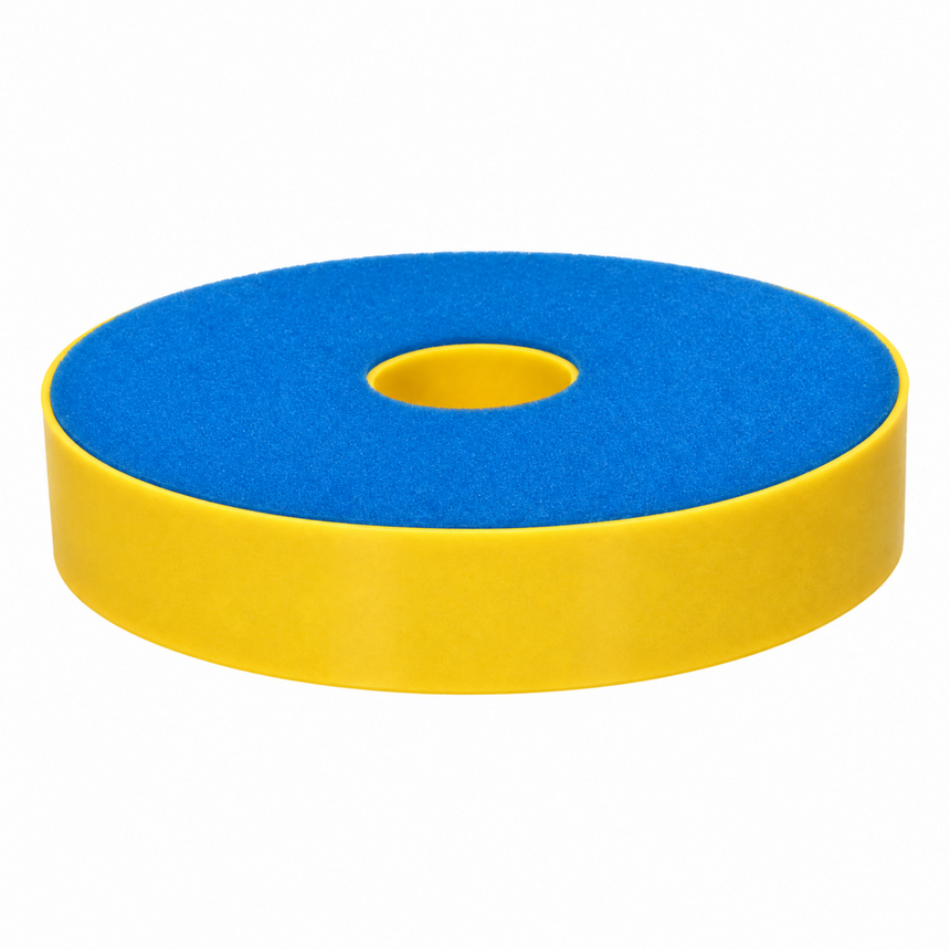 A circular foam ring with a blue top surface and a yellow side, shown on a plain white background.