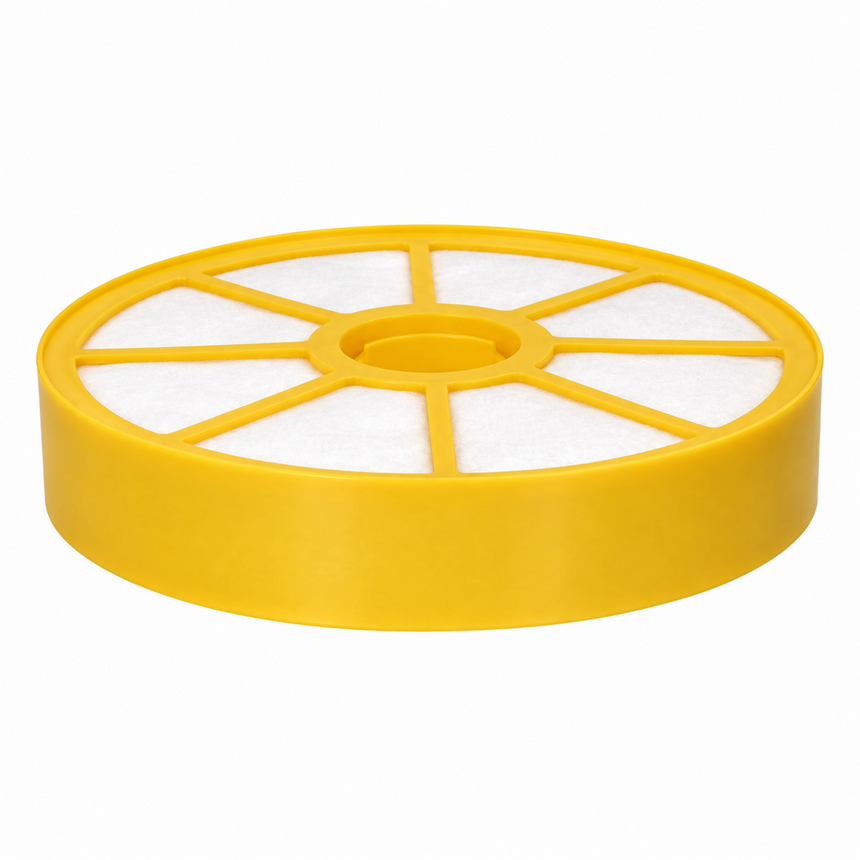 A circular yellow replacement filter cartridge with white pleated filter media, shown on a solid white background.