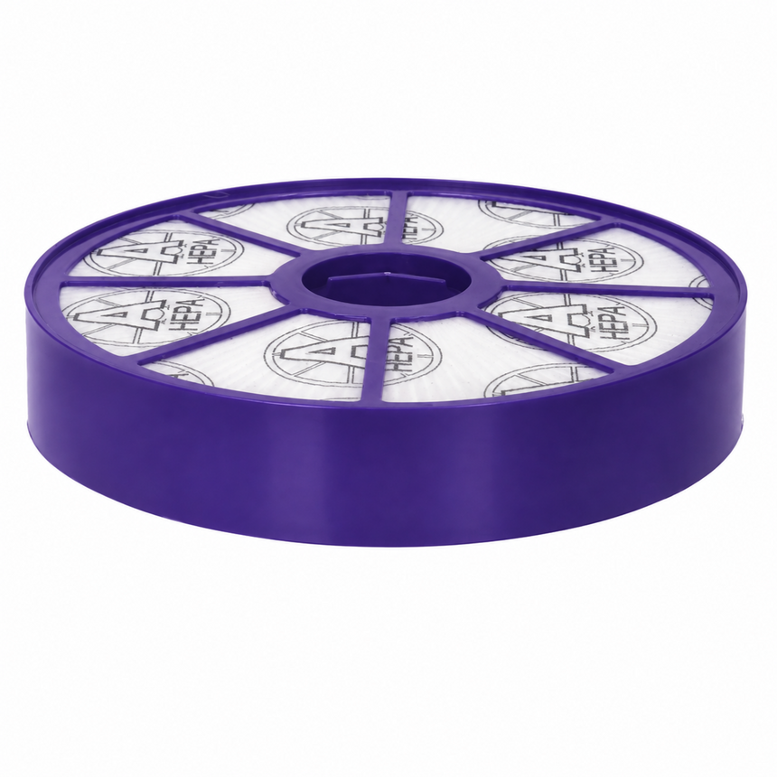 A purple circular vacuum filter cartridge with white pleated filter elements visible through the top, isolated on a white background.