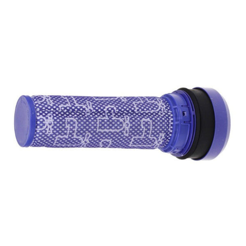 Purple and black cylindrical filter on a white background