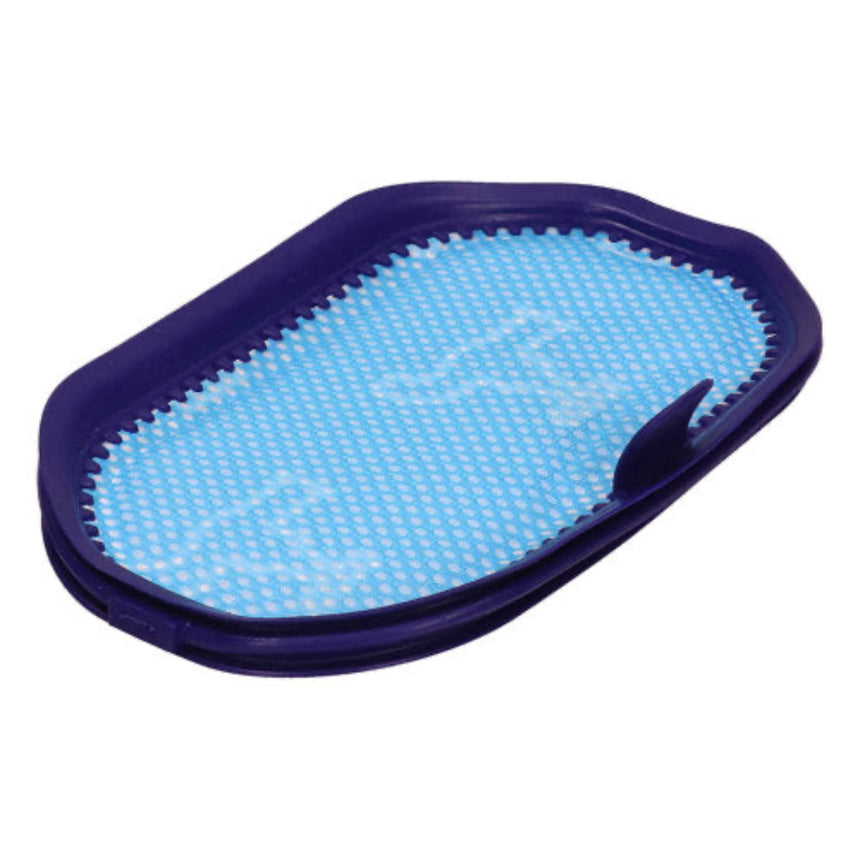 A pet grooming brush with a dark purple plastic frame and a light blue silicone bristle pad featuring a textured pattern.