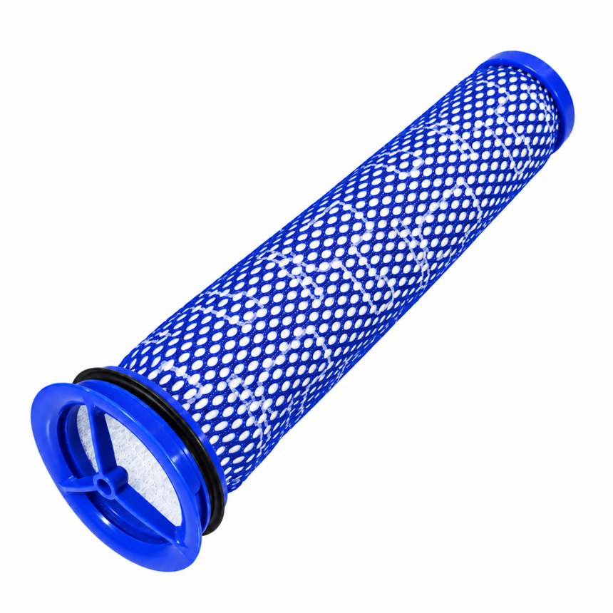 A blue cylindrical replacement filter cartridge with a white mesh pattern and blue plastic end caps, shown on a solid white background.