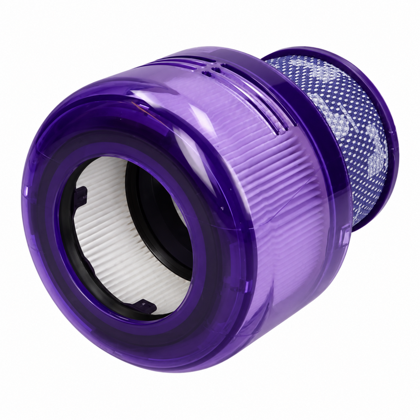 A purple transparent cylindrical filter component with a white pleated filter element visible inside and a mesh section on the side, shown on a plain white background.