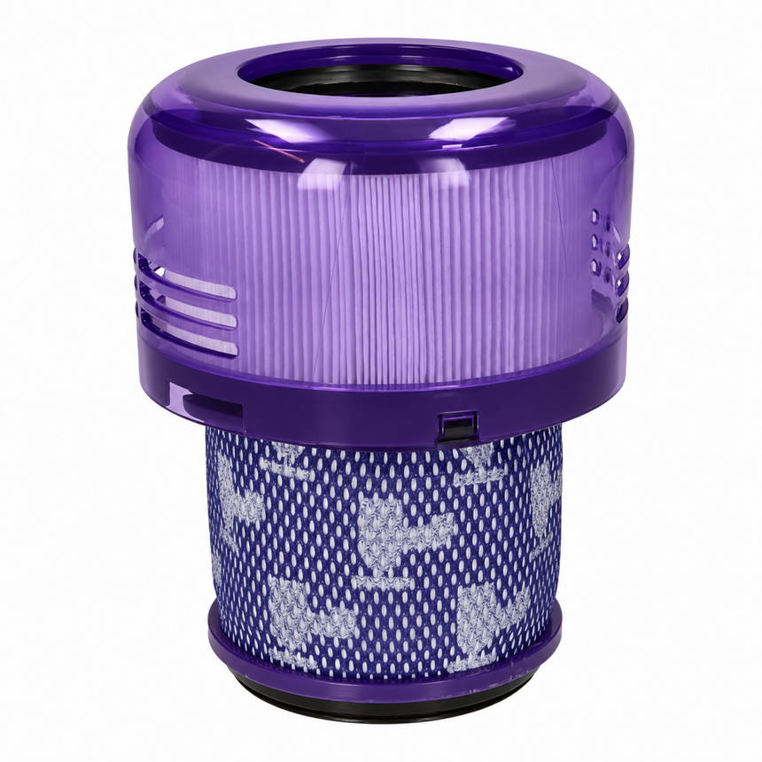A purple and blue replacement vacuum filter with a translucent purple top section and a patterned blue and white mesh bottom section, shown on a plain white background.
