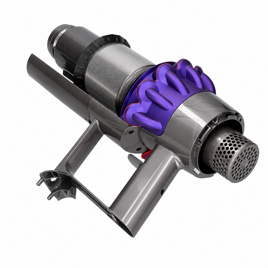 A Dyson cordless vacuum cleaner shown from an angled side view, featuring its signature metallic gray body and purple cyclone filter, isolated on a white background.