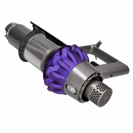 A replacement cyclone assembly for a cordless vacuum cleaner, featuring a purple ribbed cyclone wheel, a metallic silver body, and a dark gray handle, shown on a solid white background.
