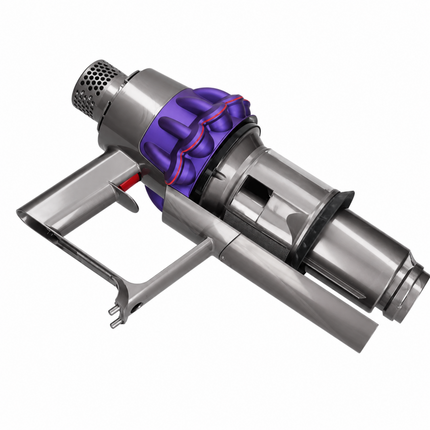 A metallic vacuum cleaner attachment or tool component with a purple and red cyclone assembly, shown on a plain white background.