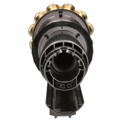 A close-up of a black and gray vacuum cleaner filter assembly with gold-toned metal ball elements visible at the top, isolated on a white background.
