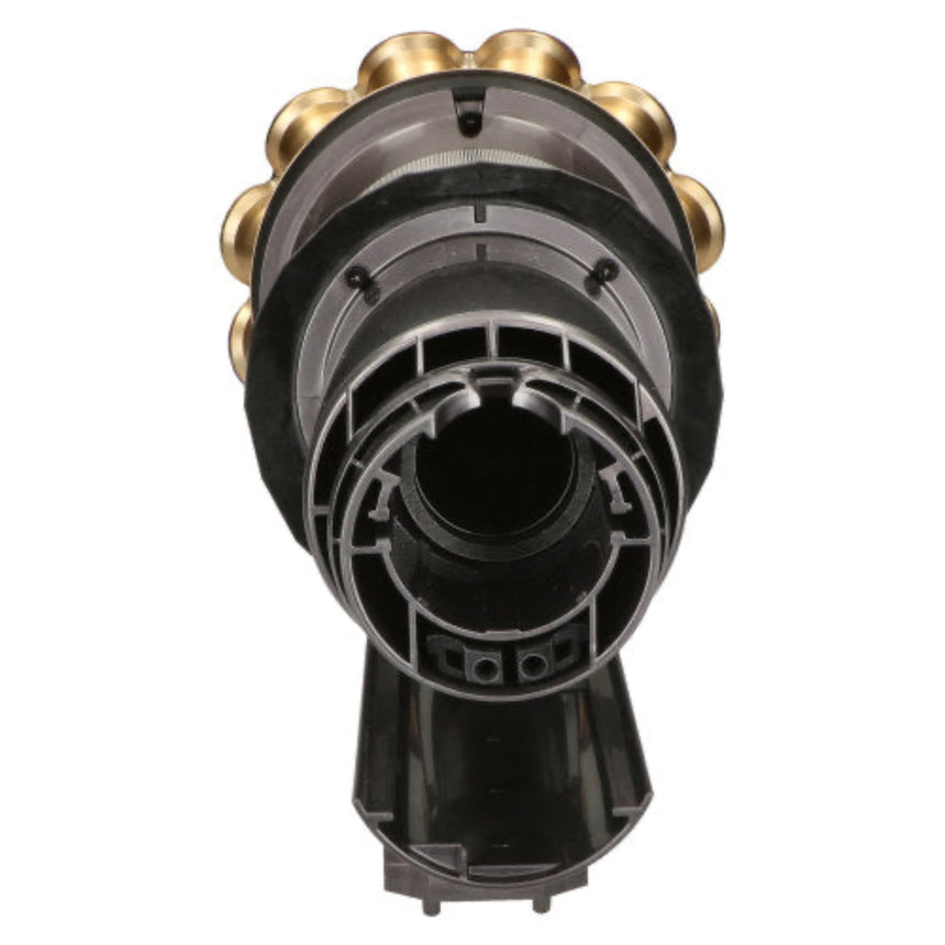 A close-up of a black and gray vacuum cleaner filter assembly with gold-toned metal ball elements visible at the top, isolated on a white background.