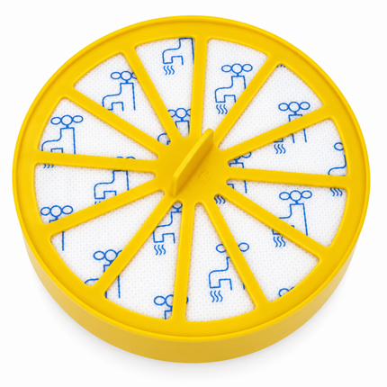 A circular yellow replacement filter cartridge with white pleated filter elements printed with blue heat-map style icons, isolated on a white background.