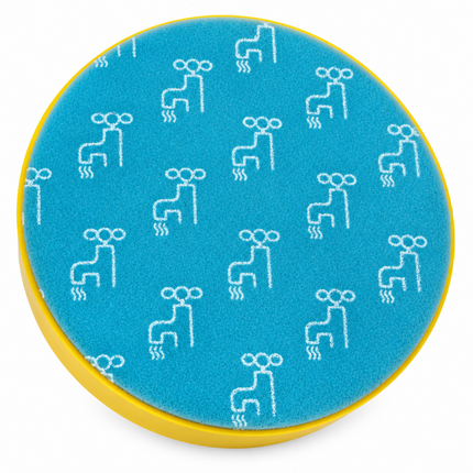 A round blue textured pad with a repeating white abstract line-art pattern and a yellow outer rim, shown on a plain white background.