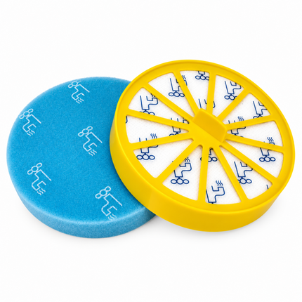 Two circular filter pads on a white background, one blue with white printed symbols and one yellow rimmed with white filter sections.