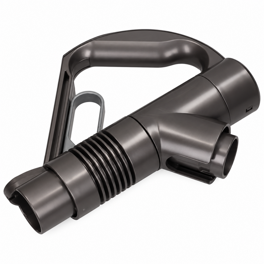 A dark gray vacuum cleaner attachment nozzle with a curved handle and ribbed hose connector, shown on a plain white background.