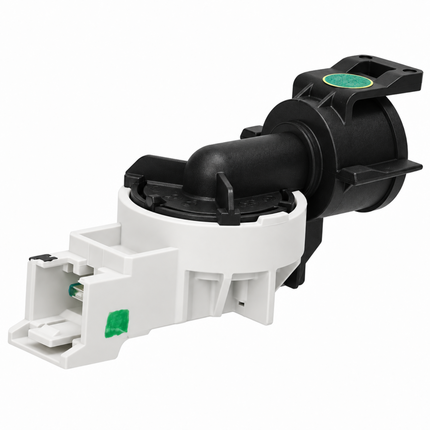 A replacement water dispenser pump assembly with a black cylindrical motor housing and a white plastic connector base, featuring small green stickers on the components.