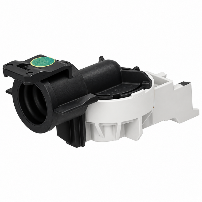 A replacement water filter assembly with a black cylindrical body, black end caps, and a white plastic housing, featuring a small green circular sticker on top.