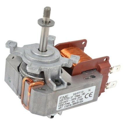 A silver and copper electric motor or pump assembly with a metal shaft, copper windings, and a white label with technical specifications, shown on a plain white background.