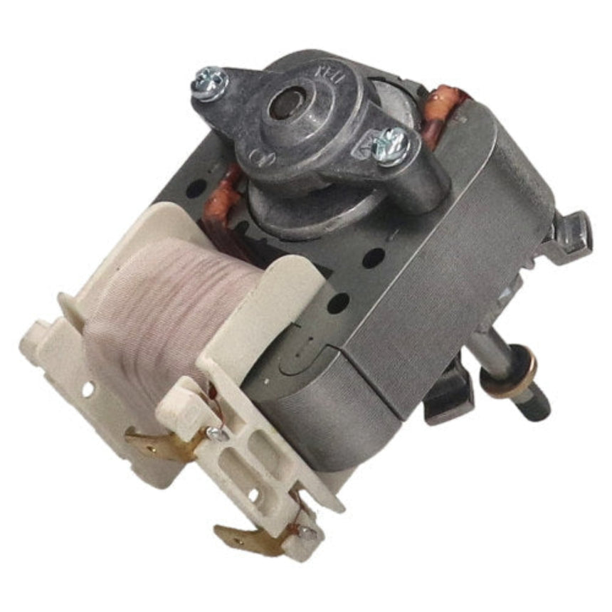 A small mechanical electrical component, likely a motor or relay part, featuring a dark gray metal body, copper-colored coils, a beige insulated winding, and a beige plastic terminal housing, isolated on a white background.