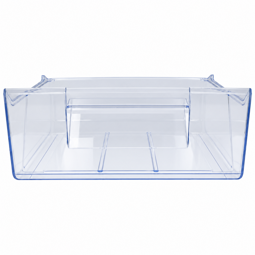 A clear plastic refrigerator storage bin with a blue tint, shown from a front angle on a white background.