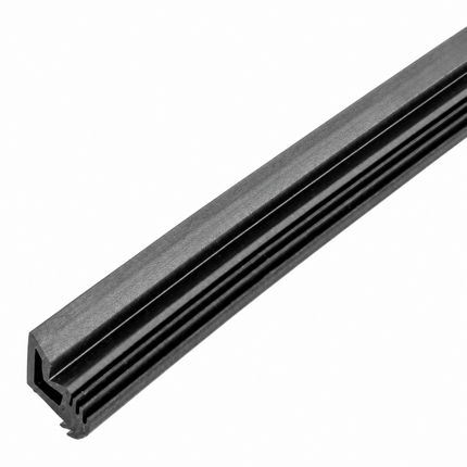 Black plastic strip with a ribbed surface on a white background