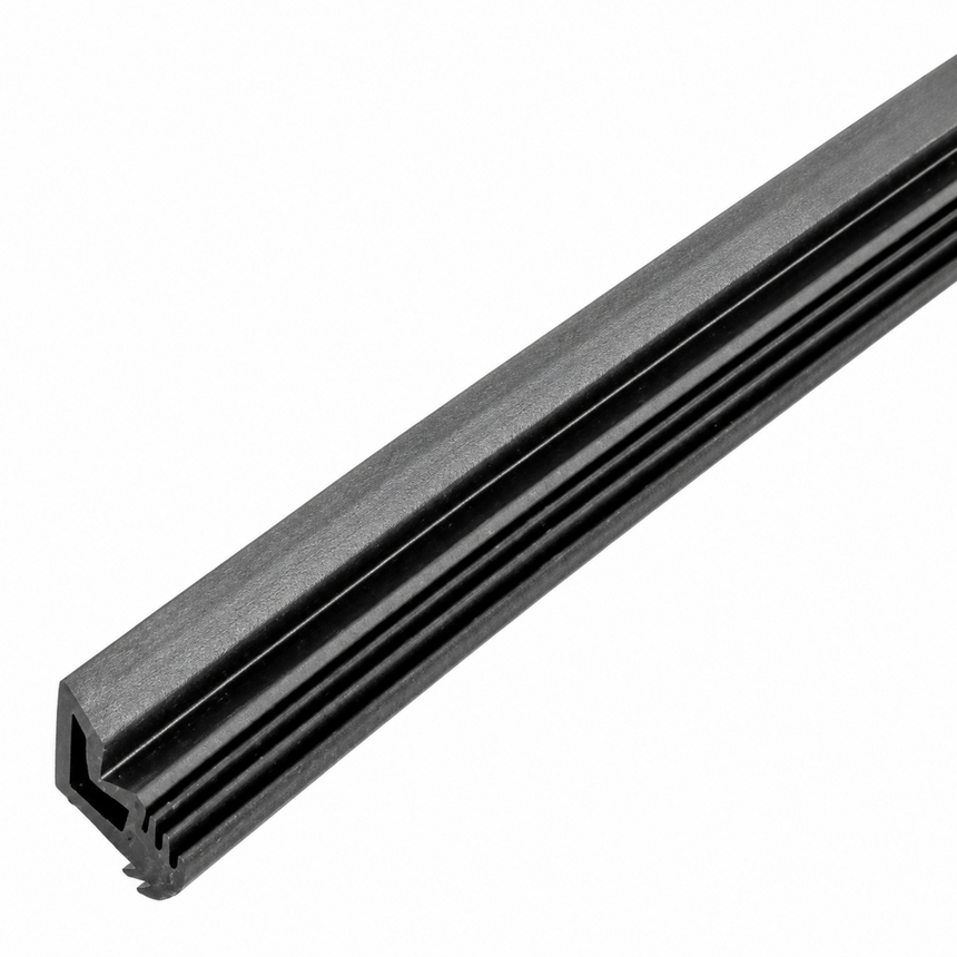 Black plastic strip with a ribbed surface on a white background