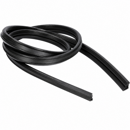 Coiled black rubber strip on a white background