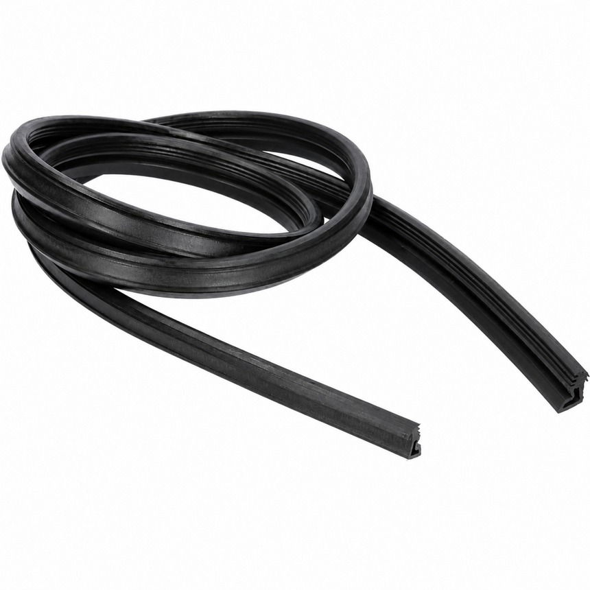 Coiled black rubber strip on a white background