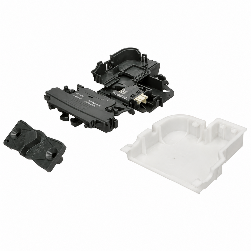Set of black and white electronic components on a white background