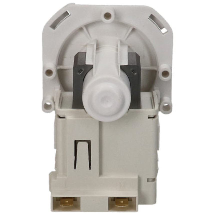 A white plastic water heater thermostat or control valve assembly with a central white cylindrical component, black internal support, and two gold-toned terminal connectors at the base, shown on a plain white background.