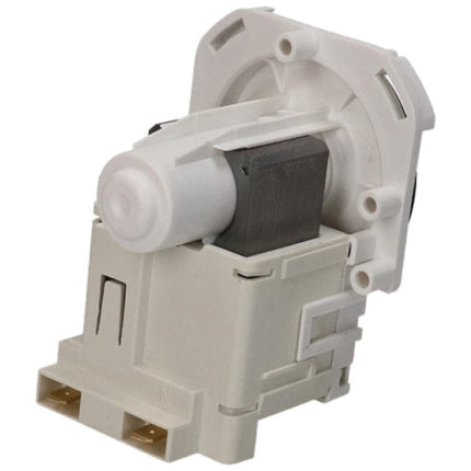 A white plastic water dispenser pump motor assembly with a dark gray filter element and gold-toned connector pins, shown on a plain white background.