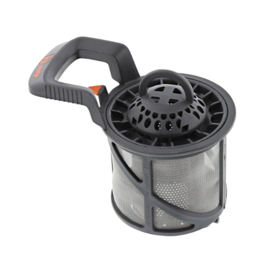 Black and orange handheld tool with a mesh design on a white background