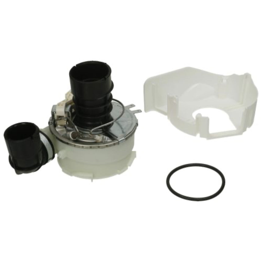 A replacement appliance part set featuring a white plastic housing, a black plastic inlet tube, a black outlet cap, a black O-ring, and a white plastic cover, displayed on a clean white background.