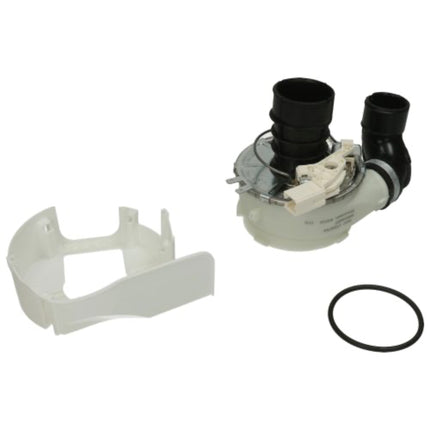 A replacement appliance part set featuring a white plastic housing cover, a white and black pump assembly with a black electrical connector, and a black O-ring, all shown on a plain white background.
