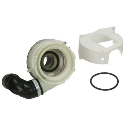 A plumbing or drainage component kit featuring a white plastic elbow pipe section with a black connector, a white plastic bracket cover, and a black O-ring, displayed on a clean white background.