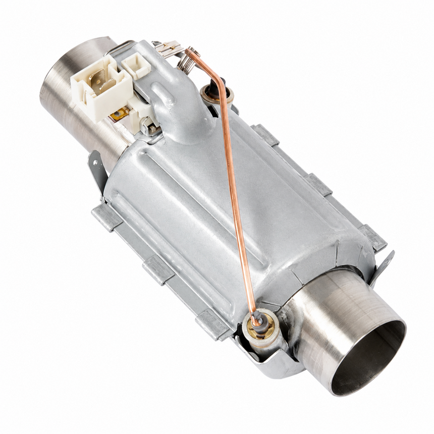 A silver metal appliance component, likely a burner assembly or pump motor, featuring a cylindrical stainless steel outlet, a white plastic electrical connector, and a copper wire thermocouple, isolated on a white background.