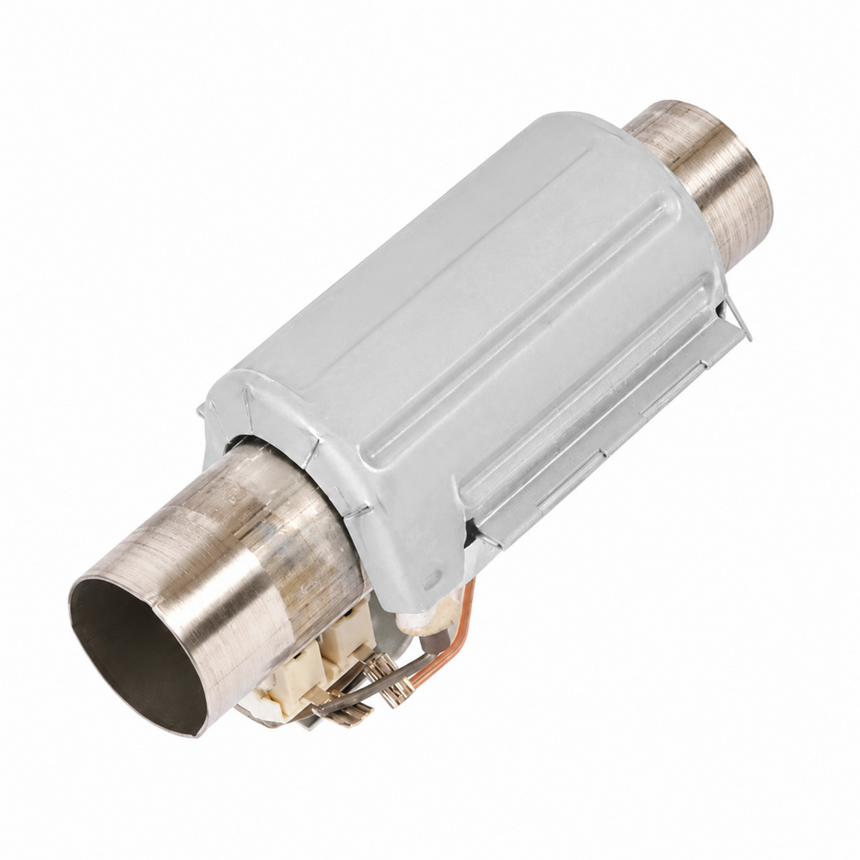 A cylindrical metal exhaust or muffler component with a gray plastic body and stainless steel ends, shown on a plain white background.