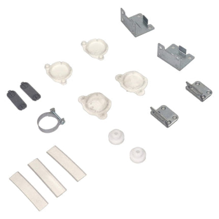 A set of metal and plastic hardware components for a garage door, including silver metal brackets, white plastic rollers, and white plastic guide rails, arranged on a plain white background.