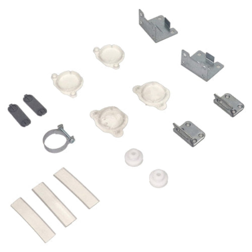 A set of metal and plastic hardware components for a garage door, including silver metal brackets, white plastic rollers, and white plastic guide rails, arranged on a plain white background.