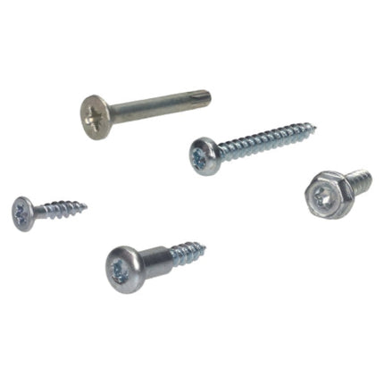 Five silver metal screws of different head types and lengths arranged on a plain white background.