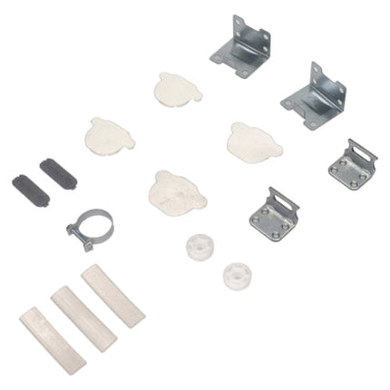 A hardware accessory kit containing various silver metal brackets, white rubber gaskets, white plastic caps, and black rubber pads, arranged neatly on a solid white background.