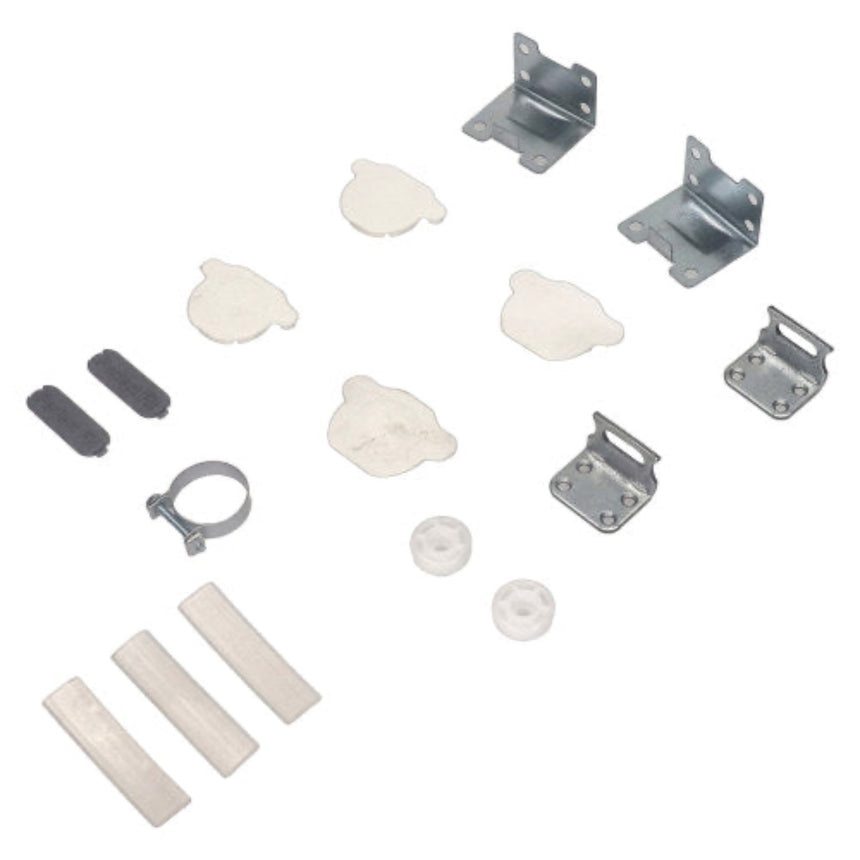 A hardware accessory kit containing various silver metal brackets, white rubber gaskets, white plastic caps, and black rubber pads, arranged neatly on a solid white background.