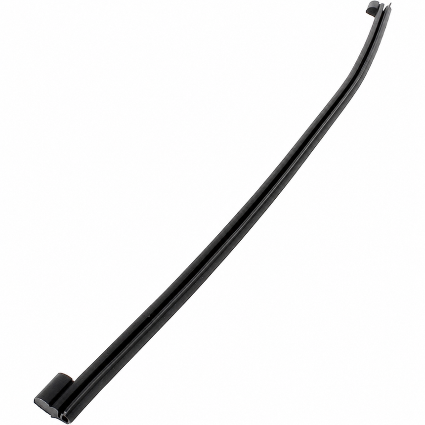Close-up of black rubber seal profile showing grooved channel and end section