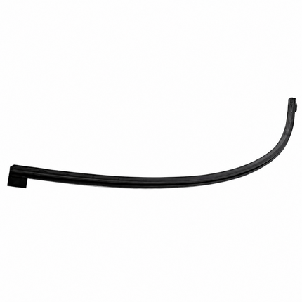 Curved black rubber dishwasher door seal strip with shaped end clips on a white background