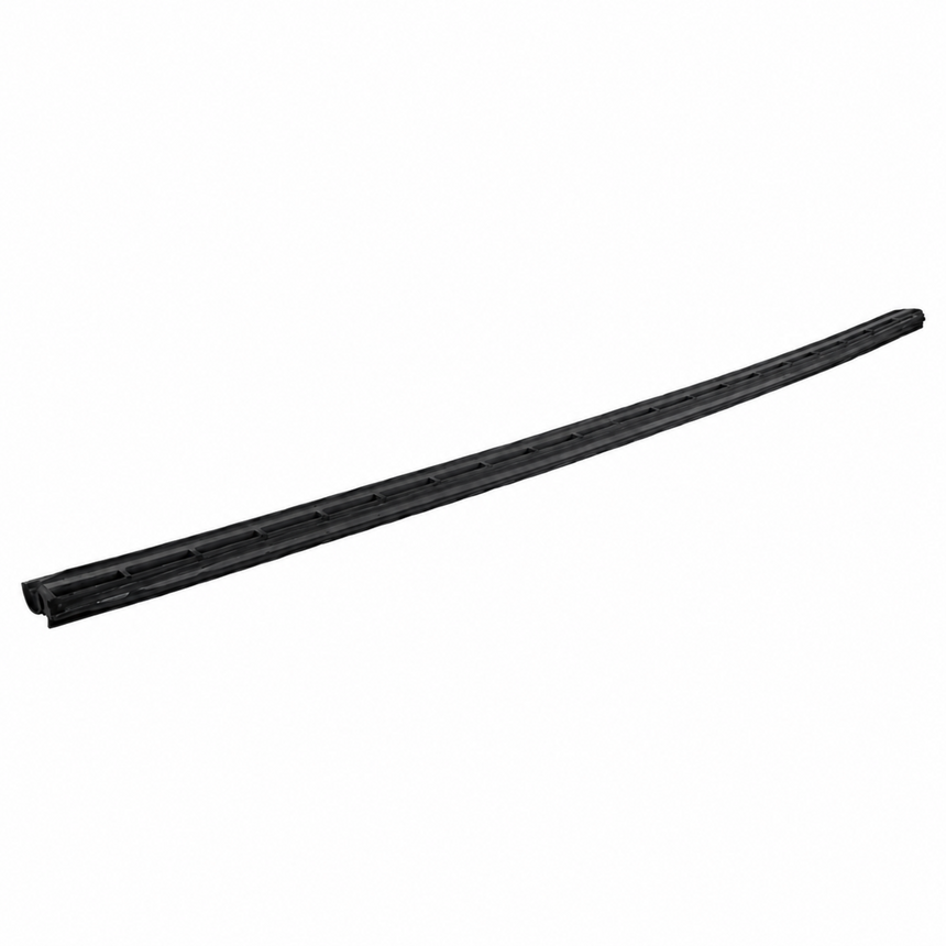 Straight black rubber dishwasher door seal strip with ribbed profile on a white background
