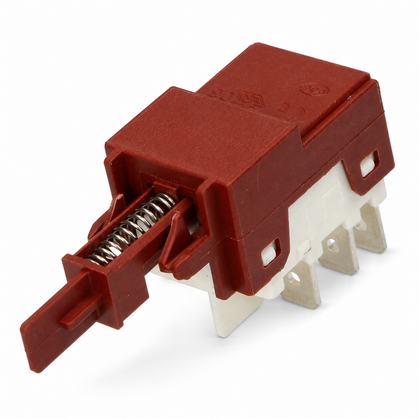 A red plastic electrical switch lever with a silver metal spring and white terminal bases, shown on a clean white background.