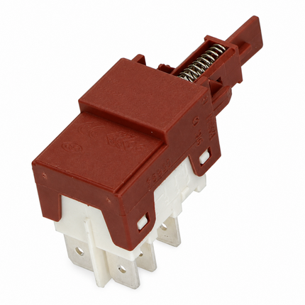 A small electrical switch component with a reddish-brown plastic housing and white terminal base, shown on a plain white background.