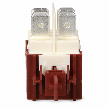 A small electrical relay component with a dark red plastic body, cream-colored plastic top section, and two silver metal terminal posts, shown on a plain white background.